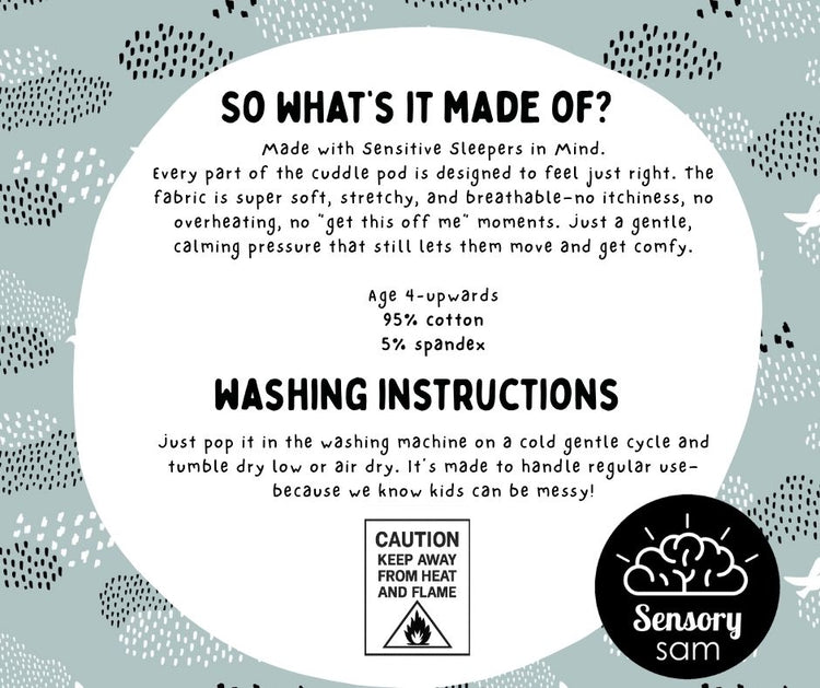 An informational product graphic for Sensory Sleepers in Mind cuddle pods by Sensory sam. The graphic features a large white circle with text detailing the product&