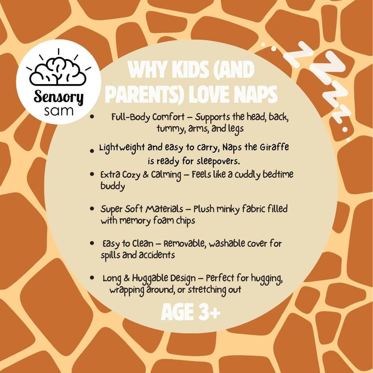 Giraffe patterned background with text about why kids and parents love naps, featuring Sensory Sam logo.