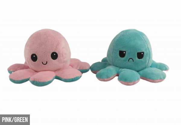 Two plush octopus toys, one pink and one green, on a white background.