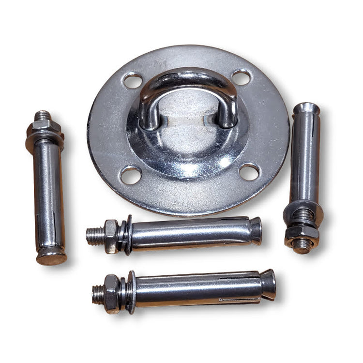 A set of swing hardware including a stainless steel baseplate and four dynabolts laid out on a white background.