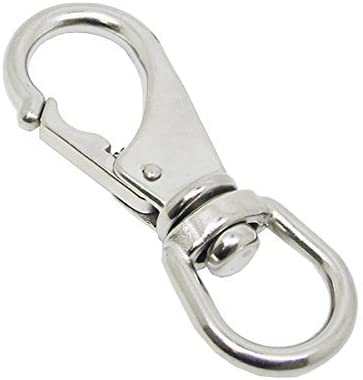 A stainless steel swing swivel with a carabiner clip, approximately 10cm long and 3cm wide.