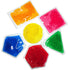 Six colorful sequin gel pads in different shapes on a white background: two rectangles, one circle, one hexagon, and one triangle. The colors visible are orange, pink, yellow, blue, green, and red.