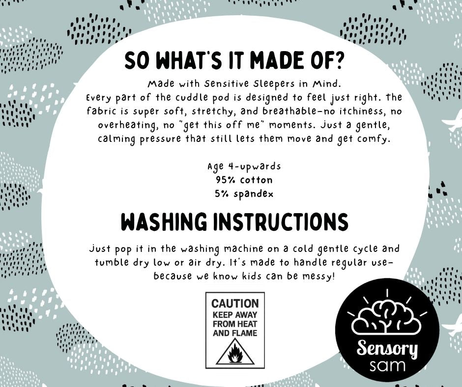 An informational product graphic for Sensory Sleepers in Mind cuddle pods by Sensory sam. The graphic features a large white circle with text detailing the product&