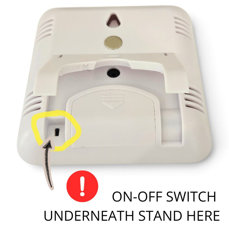 A white square wall-mounted electronic device with a hinged cover opened to reveal a small on-off switch underneath, plus overlaid text reading &
