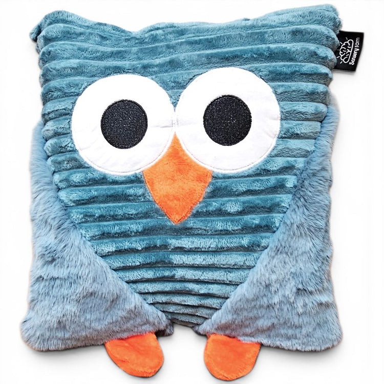 Blue owl-shaped pillow with orange accents on a white background