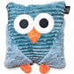 Blue owl-shaped pillow with orange accents on a white background