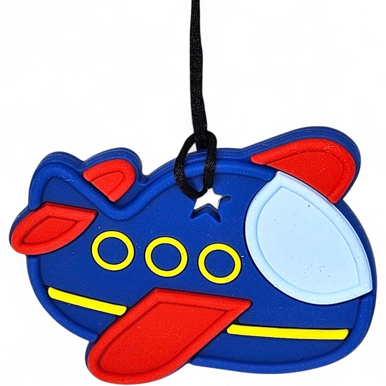 Silicone airplane toy with red and blue colors on a white background