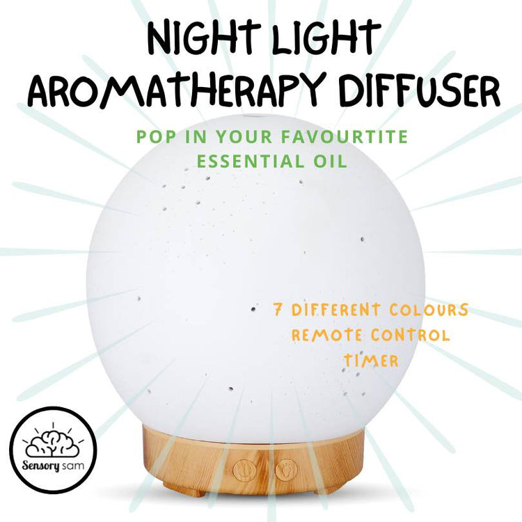 A white ceramic aromatherapy diffuser that doubles as a night light, with a wood-like base, seven LED colors to cycle through, and a remote control.