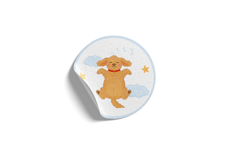Round button with a cartoon dog design on a white background