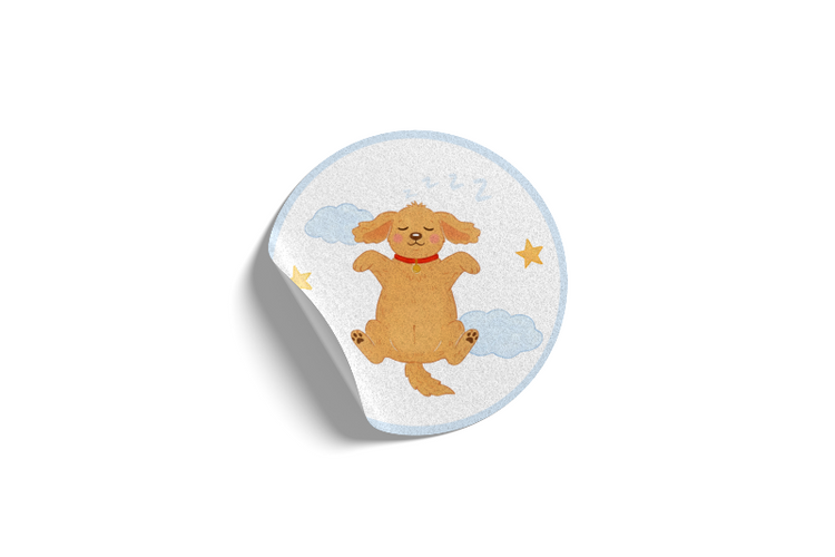Round button with a cartoon dog design on a white background