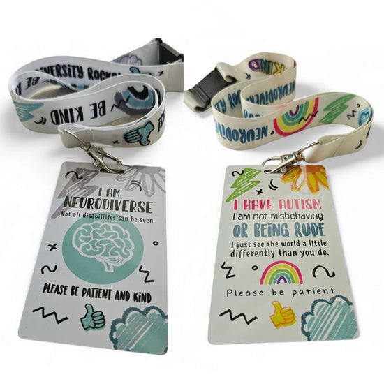 A collection of Autism Awareness Lanyards with various designs, including text and graphics related to autism. The lanyards come in different sizes and include a safety breakaway feature.