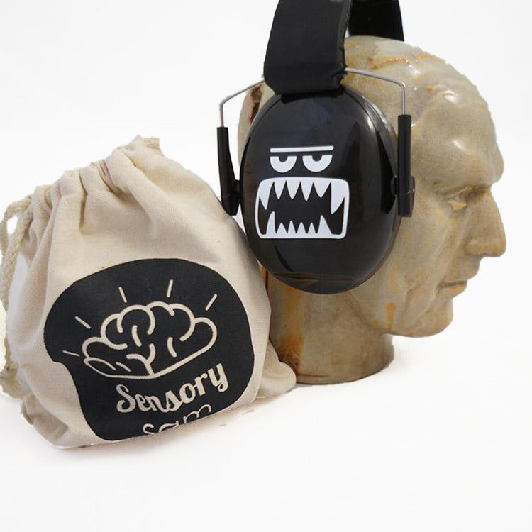 Black monster ear defenders from the Brightspark kit shown on a mannequin with storage bag