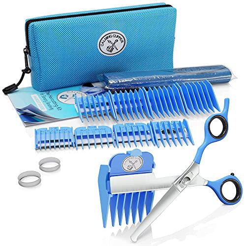 Hair cutting kit including blue and white barber scissors, multiple blue combs, a barber cape, and a blue zippered case.