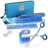 Hair cutting kit including blue and white barber scissors, multiple blue combs, a barber cape, and a blue zippered case.