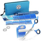 Hair cutting kit including blue and white barber scissors, multiple blue combs, a barber cape, and a blue zippered case.