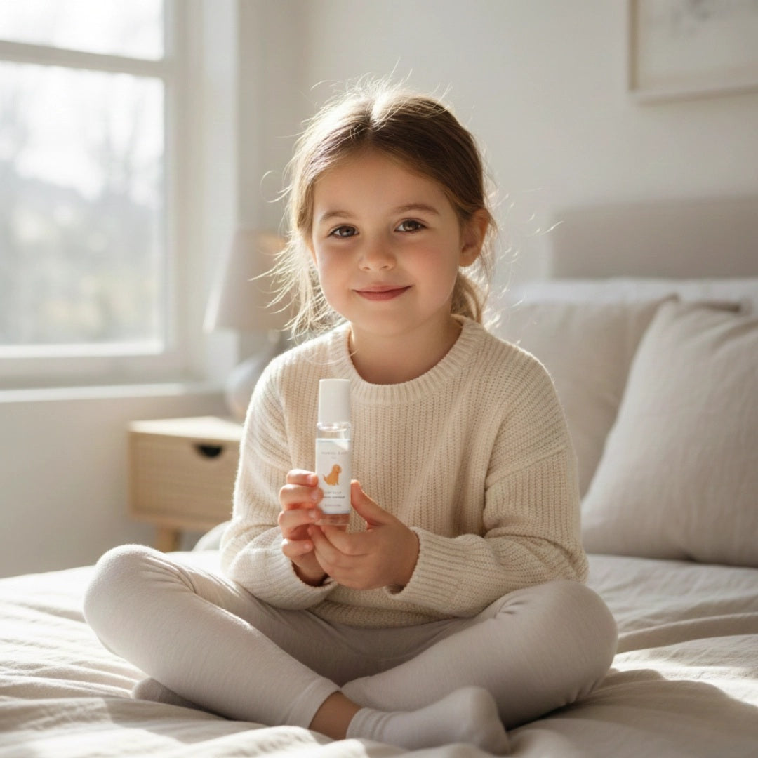 Young girl sitting on a bed holding a bottle in a bright room.
