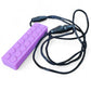 Purple block-shaped device with a black lanyard on a white background
