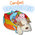 Colorful plush toy travel kit with various toys and a dog-shaped pillow, labeled &