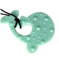 Mint green heart-shaped teething toy with black cord on a white background