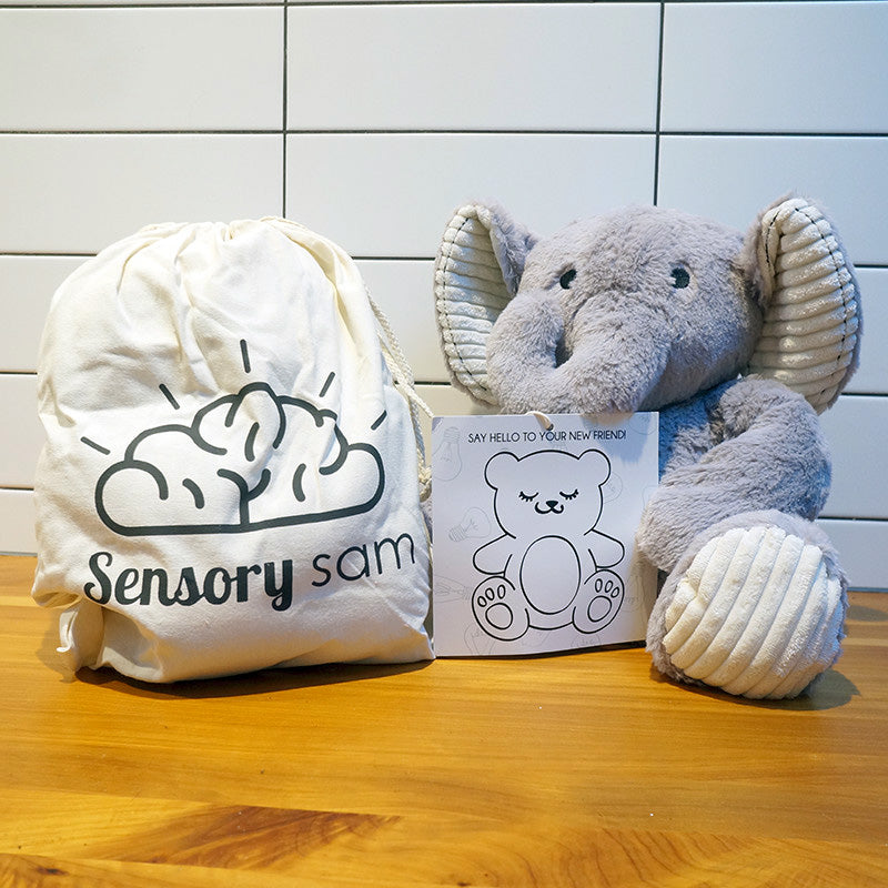 Sensory sam plush toy with packaging and card on a wooden surface
