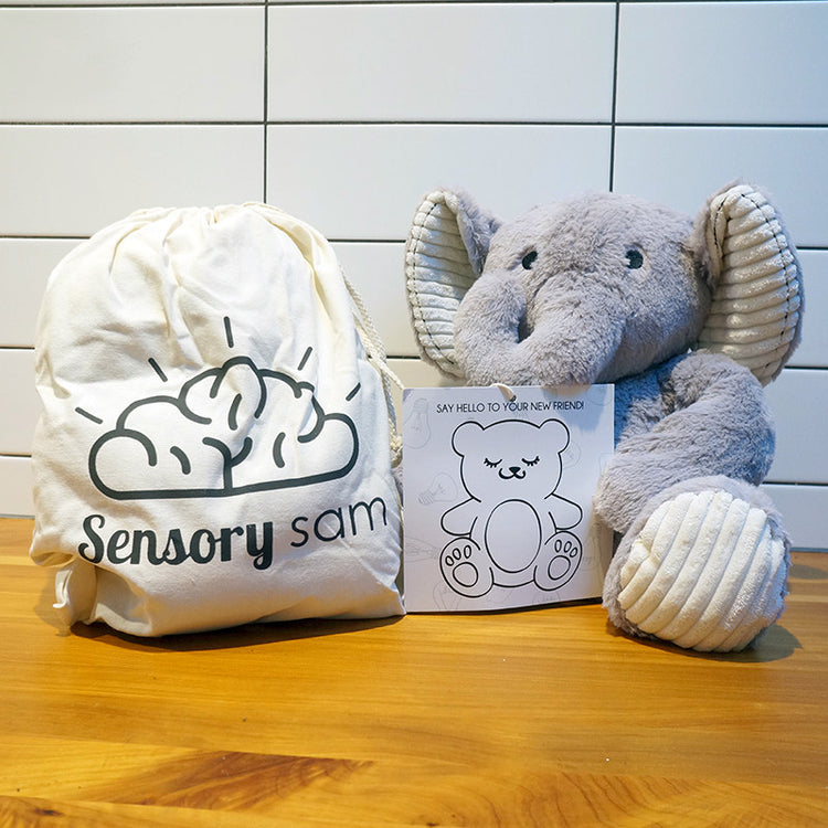 Sensory sam plush toy with packaging and card on a wooden surface