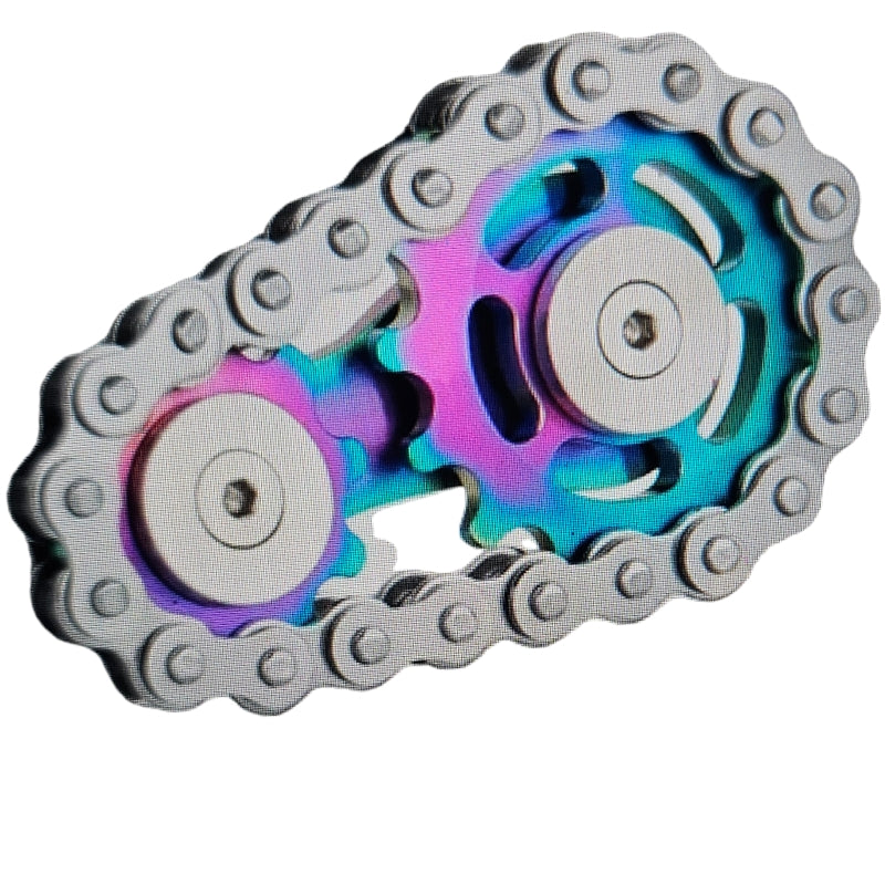 A multicolored stainless steel gear chain fidget toy.