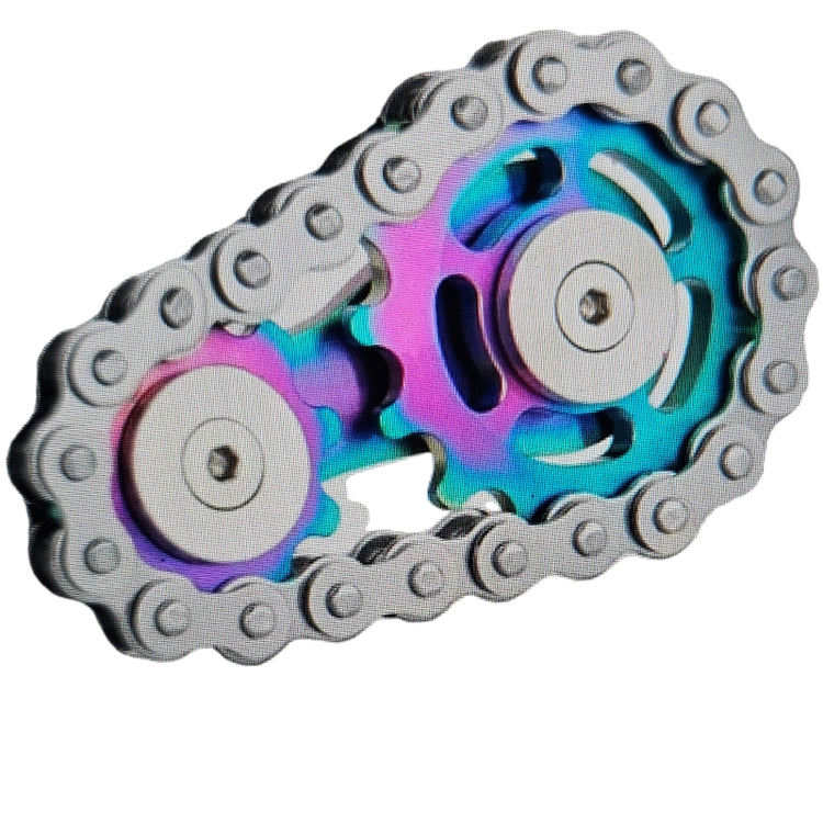 A multicolored stainless steel gear chain fidget toy.