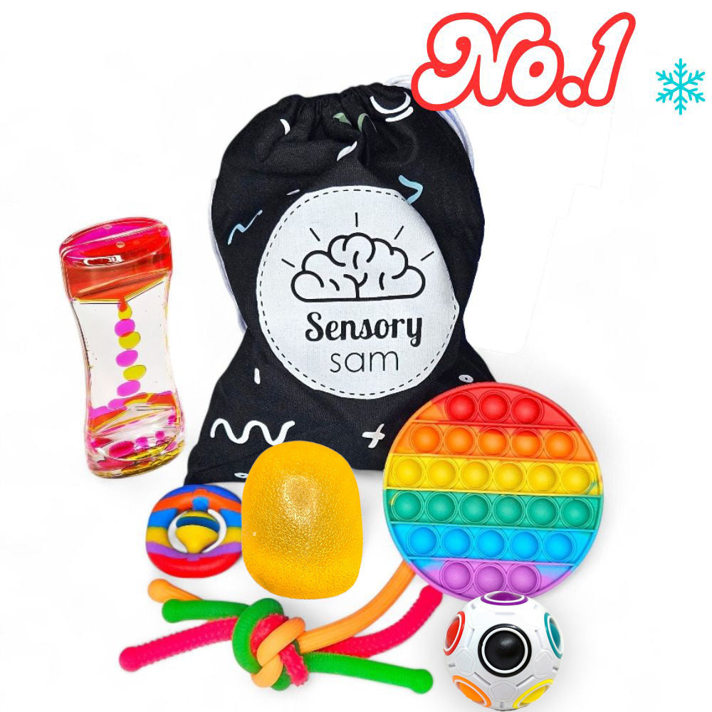Sensory Sam No. 1 fidget toy bundle with rainbow pop it, timer, textured toys and drawstring bag.