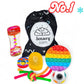 Sensory Sam No. 1 fidget toy bundle with rainbow pop it, timer, textured toys and drawstring bag.