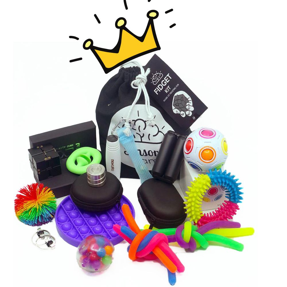 Collection of fidget toys and accessories with a drawstring bag labeled &
