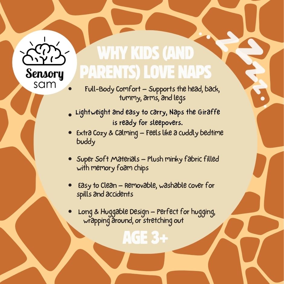 Giraffe patterned background with text about why kids and parents love naps, featuring Sensory Sam logo.
