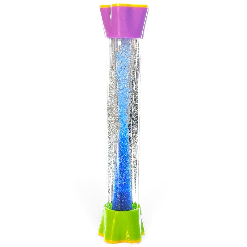 Blue glitter fountain tube with a purple top and green base on a white background.