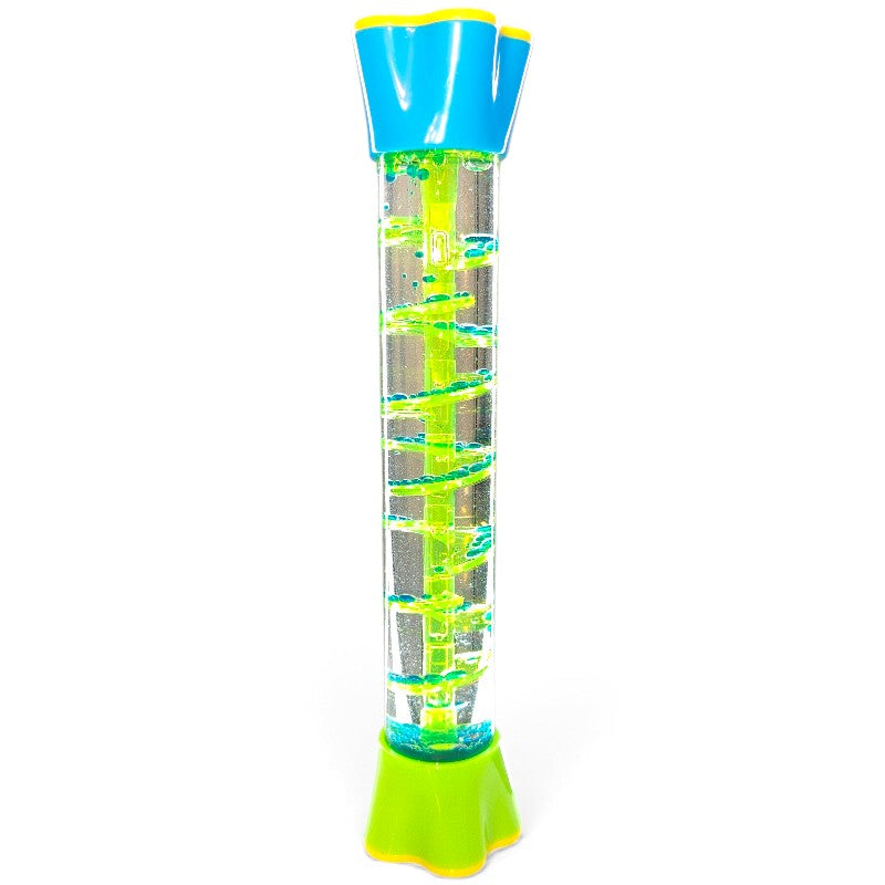 Clear glitter fountain spiral tube with a green internal spiral, blue top and lime green base.