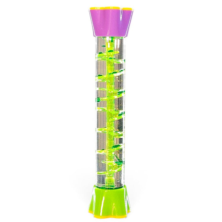 Clear glitter fountain spiral tube with a green internal spiral, green base and purple top.