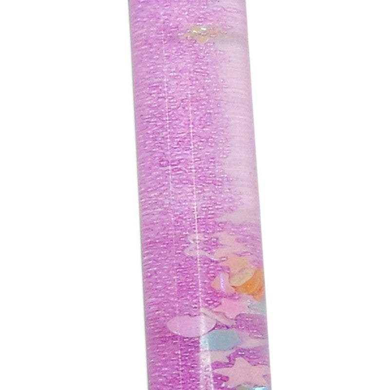 Close-up of a lavender glitter sensory wand with pastel confetti inside the clear tube.