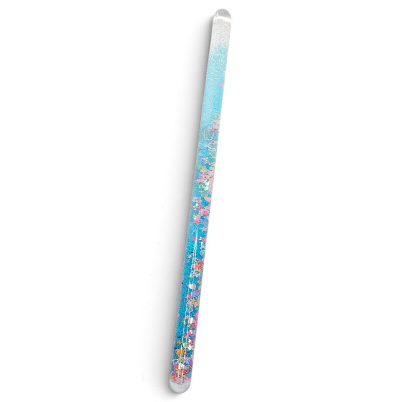 Full light blue glitter sensory wand with colourful confetti shown diagonally on a white background.