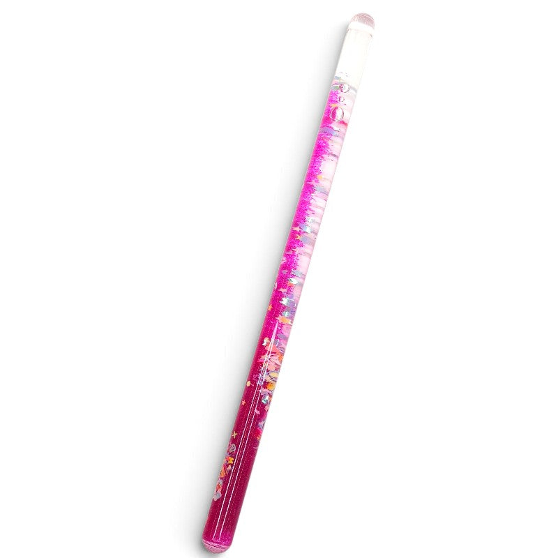 Full pink glitter sensory wand shown diagonally on a white background with colourful confetti inside.