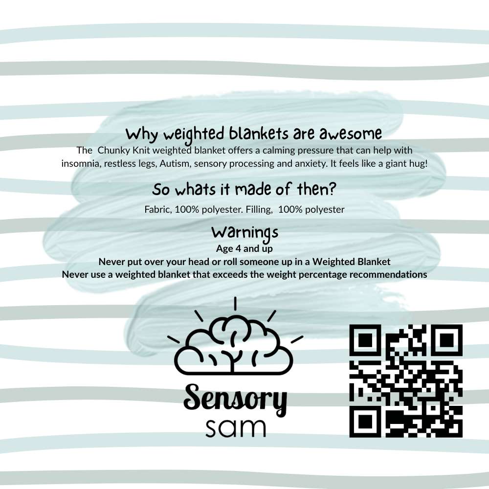 Informational graphic about weighted blankets with text and a QR code, featuring the brand &