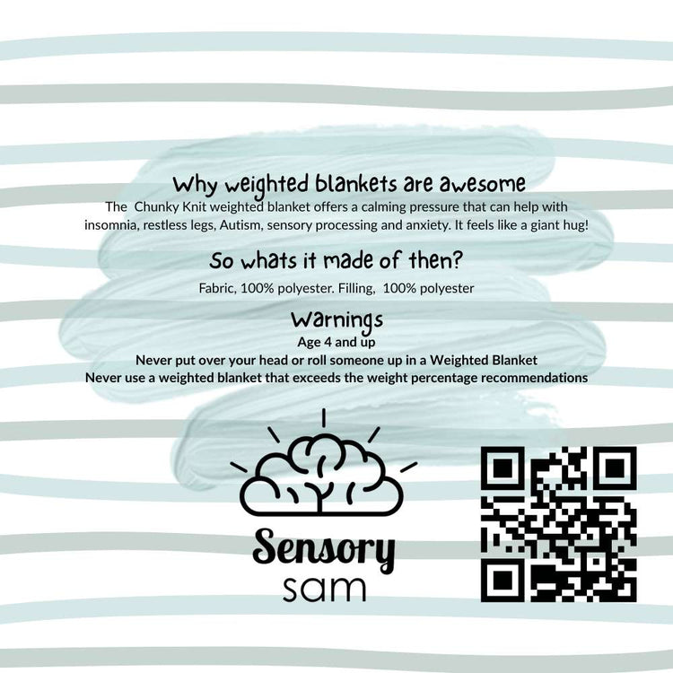 Informational graphic about weighted blankets with text and a QR code, featuring the brand &