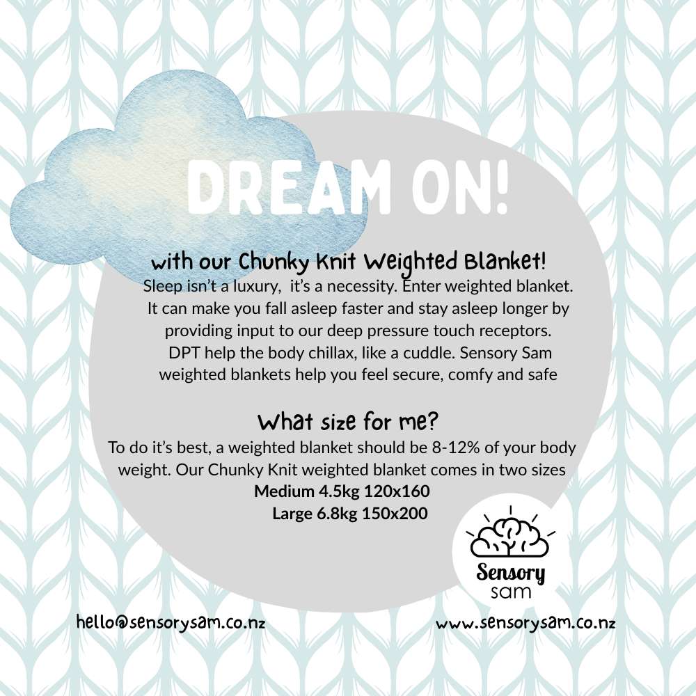 Promotional text for a Chunky Knit Weighted Blanket with a cloud graphic and brand logo.