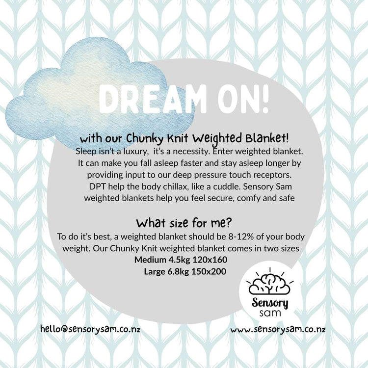 Promotional text for a Chunky Knit Weighted Blanket with a cloud graphic and brand logo.