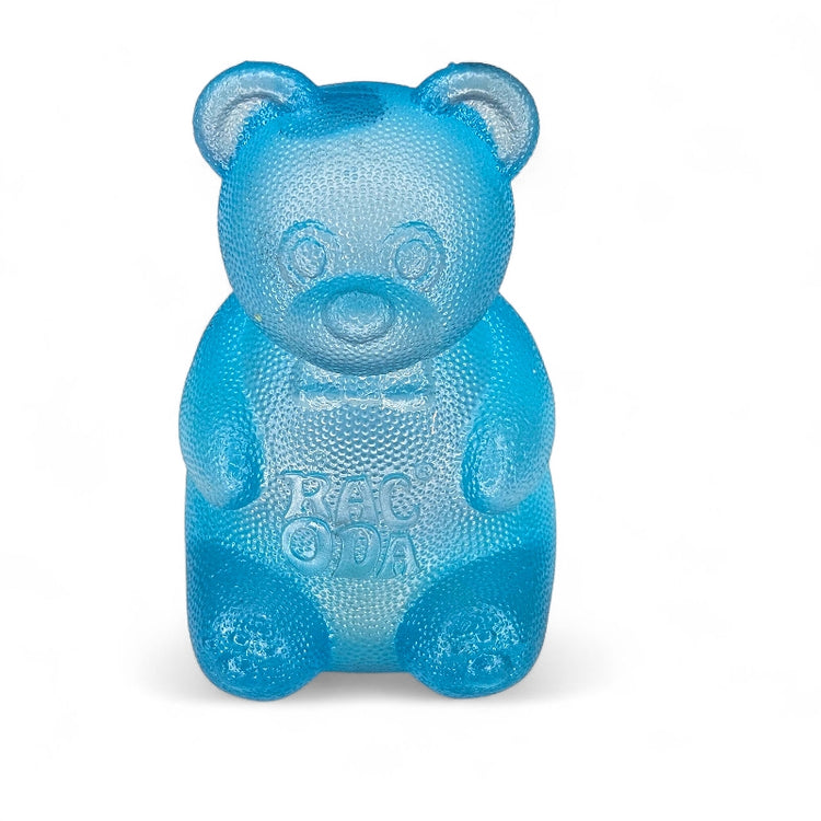 Blue gummy bear-shaped container with &