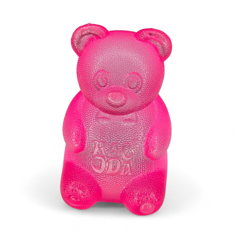 Pink gummy bear-shaped candy with &