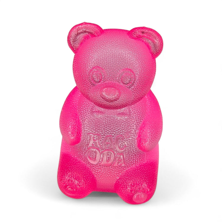 Pink gummy bear-shaped candy with &