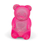 Pink gummy bear-shaped candy with &