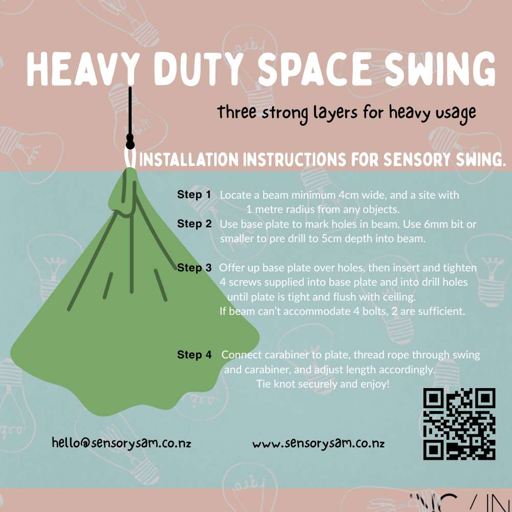 Installation instructions for a heavy-duty space swing with a green swing graphic on a pink and blue background.