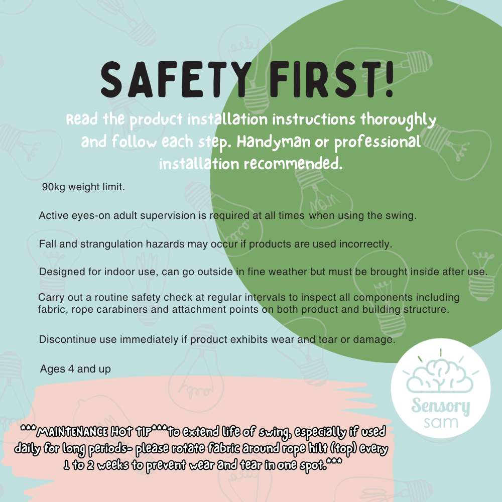 Safety instructions for a product with a green circular icon and text on a light blue background.