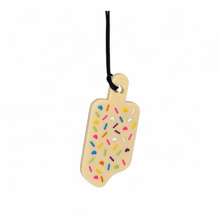 Wooden ice cream cone-shaped toy with colorful sprinkles on a white background