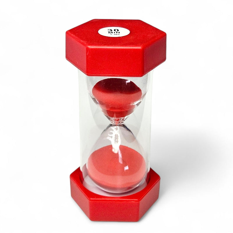 Red hourglass with a 30-minute timer on a white background
