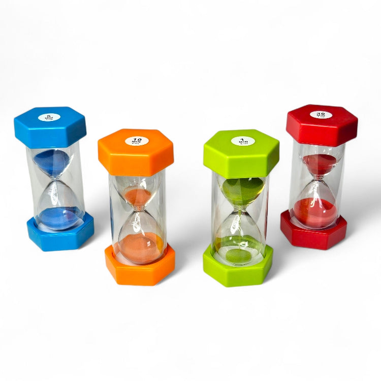 Four colorful hourglass timers on a white background